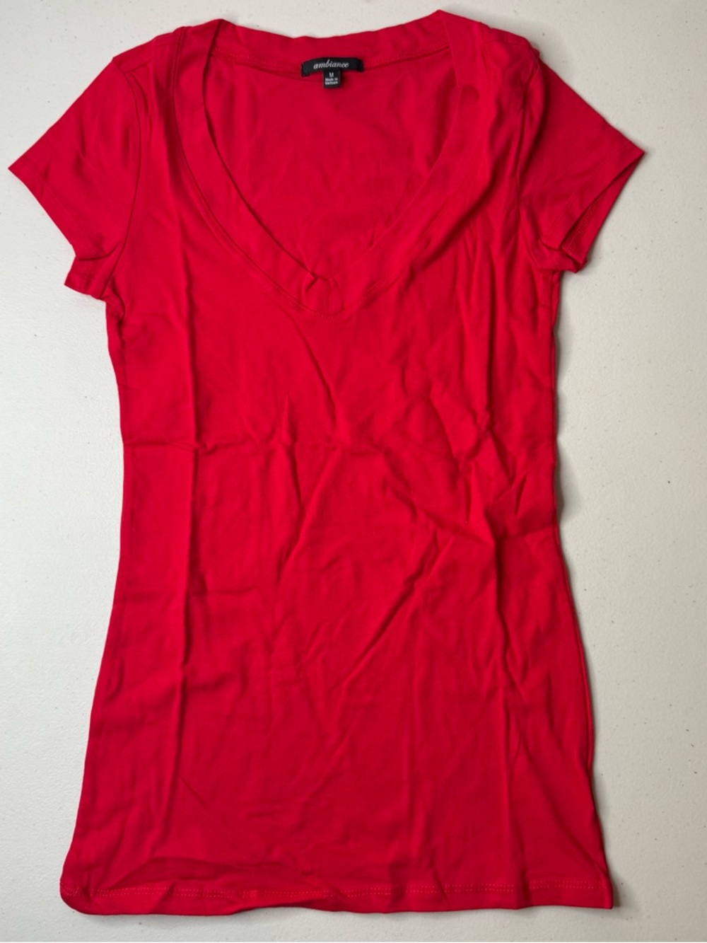 Ambiance Red V Neck Stretch Tee Top Size Medium NWOT